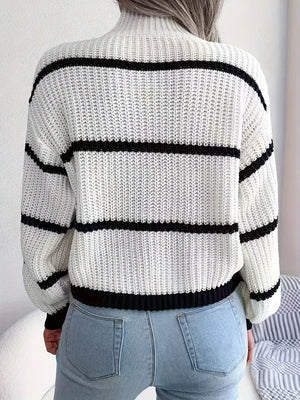 Women's Turtleneck Sweater – White Black Striped Ribbed Knit, Classic Style-74366-09b52ddc-0b98-471c-8bef-e302569592f7