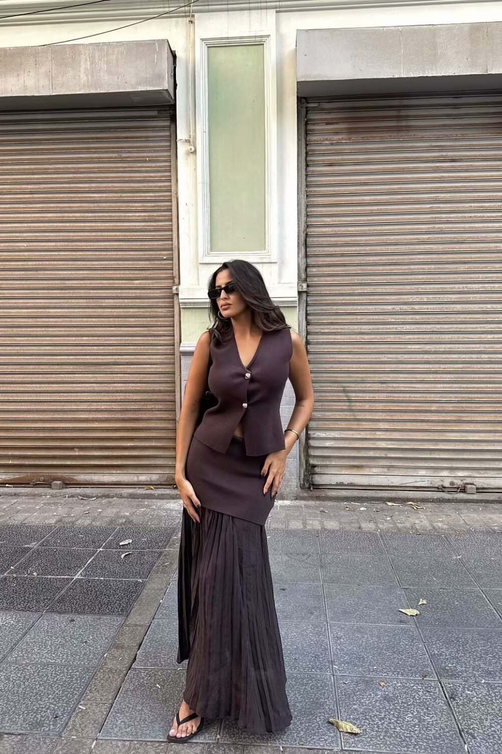 Women's Tailored V-Neck Vest & Pleated Midi Skirt Set - Gold Buttons, Layered Design, Elegant-79608-09f98c94-23c2-4103-948b-b96ef2e754ab