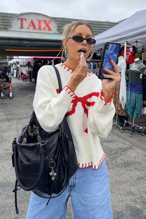 Women's Knit Top – Cream with Large Red Bow, Red Trim, Crew Neck-80702-0a5093df-98c2-4aa1-8675-190171a8eb60