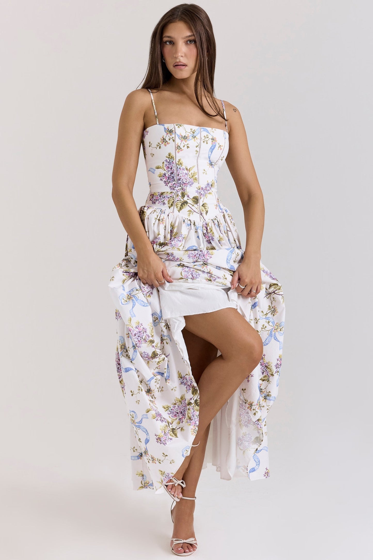 Women's Floral Maxi Dress – White Lightweight Fabric, Fitted Bodice, A-Line Skirt-83226-0a517749-8a5b-4af6-b26f-9f35387252ae