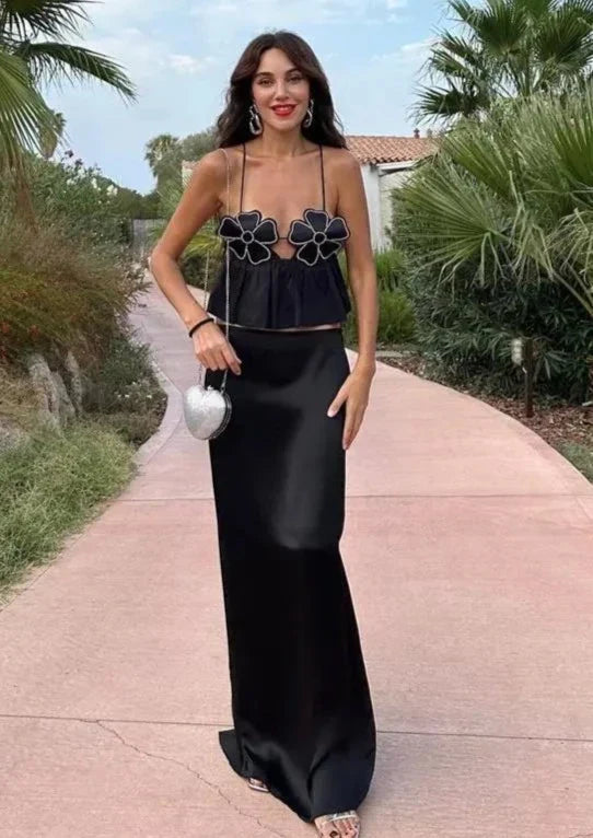 Women's Halter Top – Floral Rhinestone Embellished, Ruffled Peplum, Satin-77127-0b03f8f8-43aa-43ab-899a-52e9960a8488