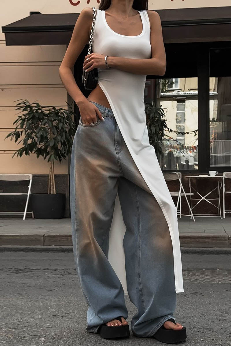 Women's Sleeveless Slit Top – Asymmetrical Hem, Fitted, Black, Red, White-81088-0b079a40-86d8-4ad4-9aed-198eed672a38