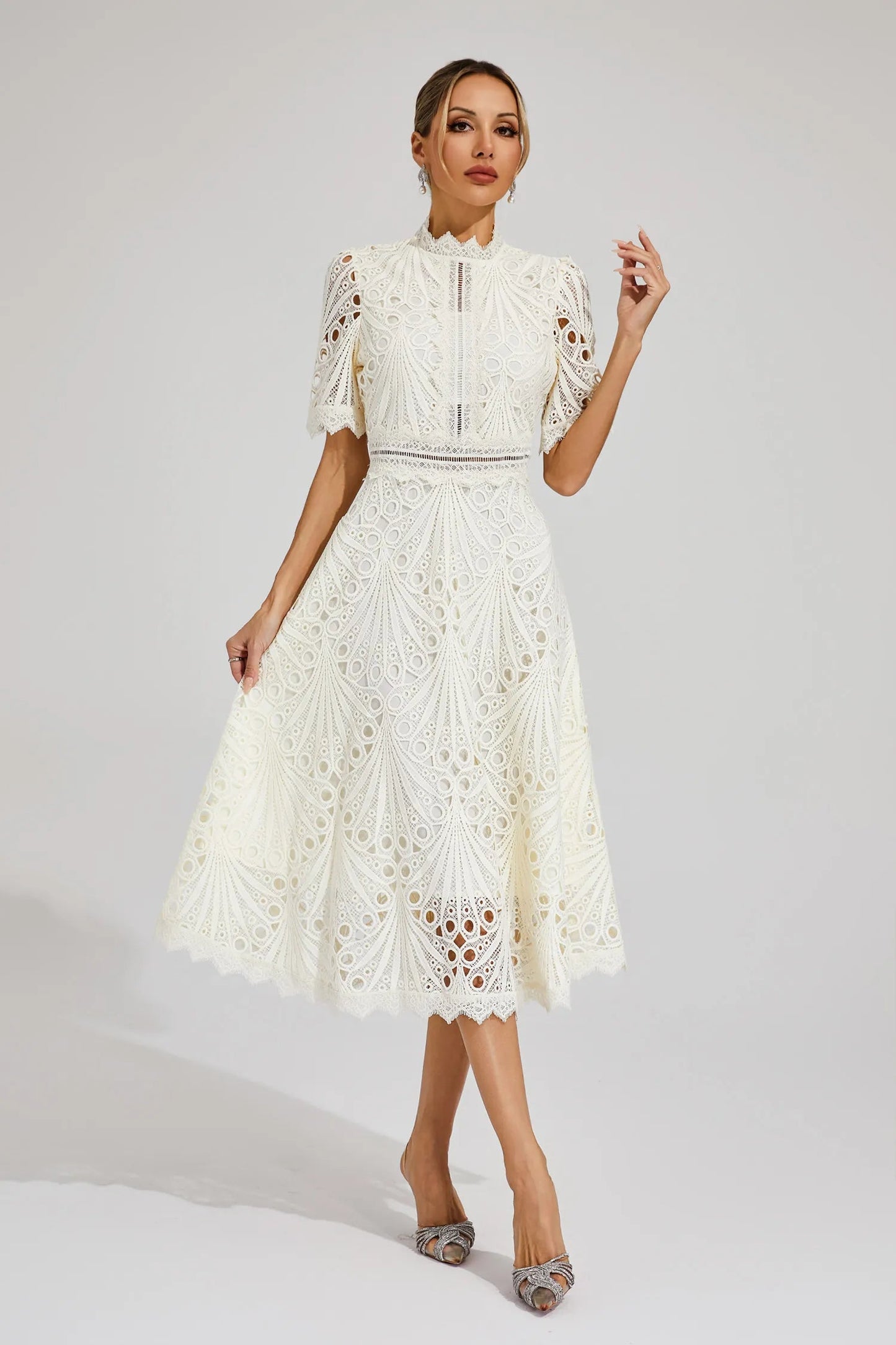 Women's Lace Midi Dress – High Neck, Short Sleeve, Cut-Out Detail-83326-0c11029e-6311-4f80-9e21-75e5e4394292