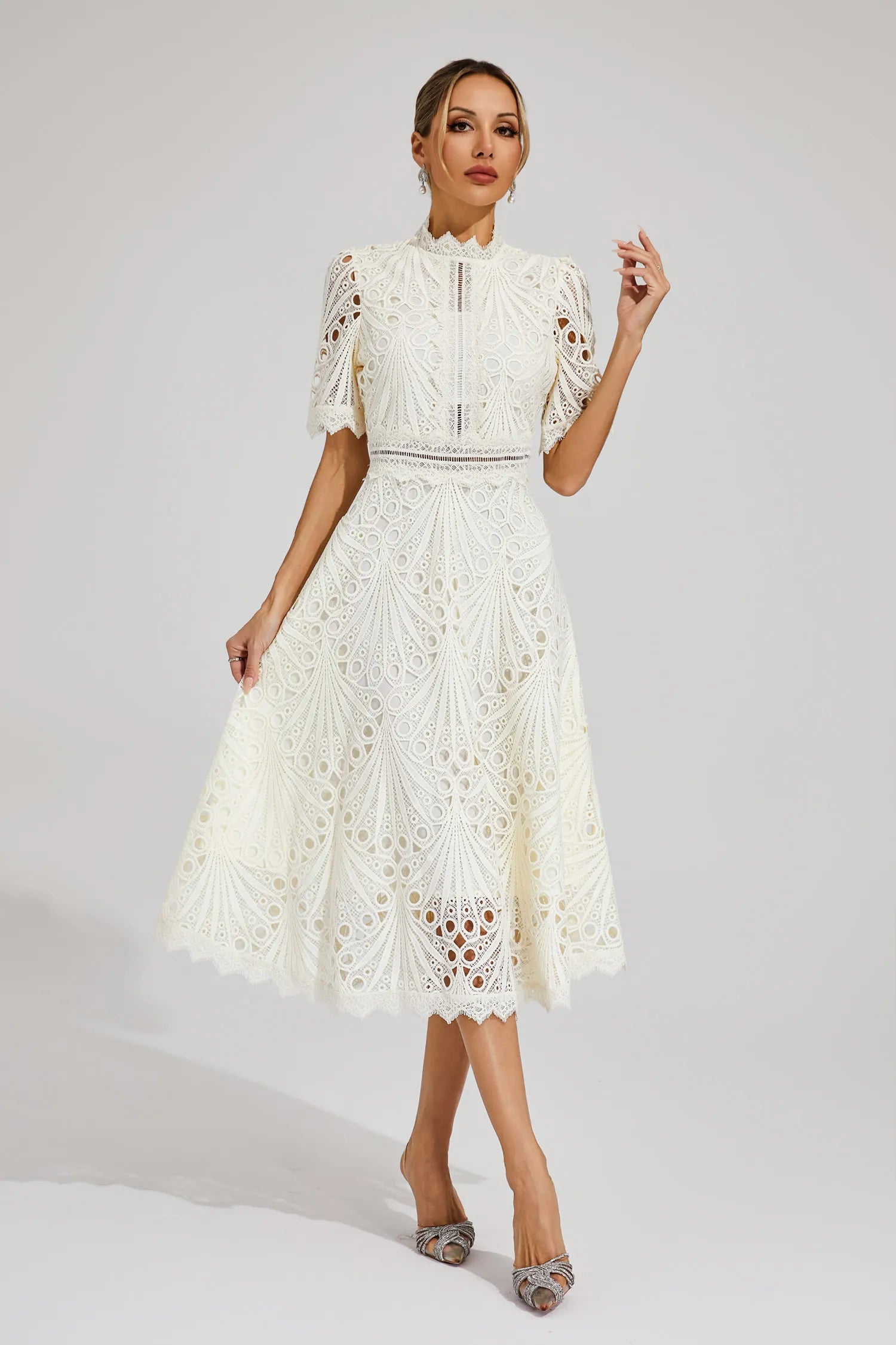 Women's Lace Midi Dress – High Neck, Short Sleeve, Cut-Out Detail-83326-0c11029e-6311-4f80-9e21-75e5e4394292