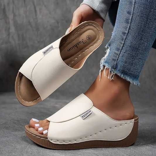 Women's Slip-On Wedge Sandals – Wide Strap, Stitched Synthetic-83190-0d7f7c43-07de-40e4-8ad9-fe0bca9cfebe