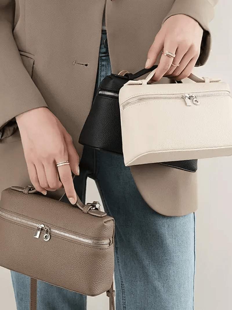 Women's Structured Leather Handbag – Top Handle, Detachable Strap, Padlock Detail, Black-77181-0e63528d-57ce-4efa-85a7-f280b20520b3