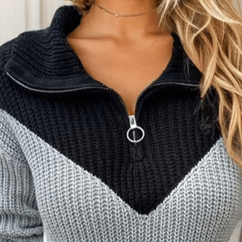 Women's Chunky Knit Sweater – Chevron Half-Zip Color Block Navy Gray White Acrylic Cotton Blend-67639-0ef2ccb5-d62c-4d09-bc64-ec75b5d1caa7