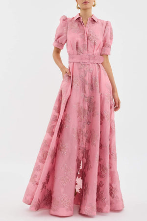 Women's Pink Brocade Maxi Dress – Shirt-Style Top, Belted Waist, Puffed Sleeves, Floral Pattern-83248-1115bc6e-7719-4d0c-94b9-ae0d11f48db3