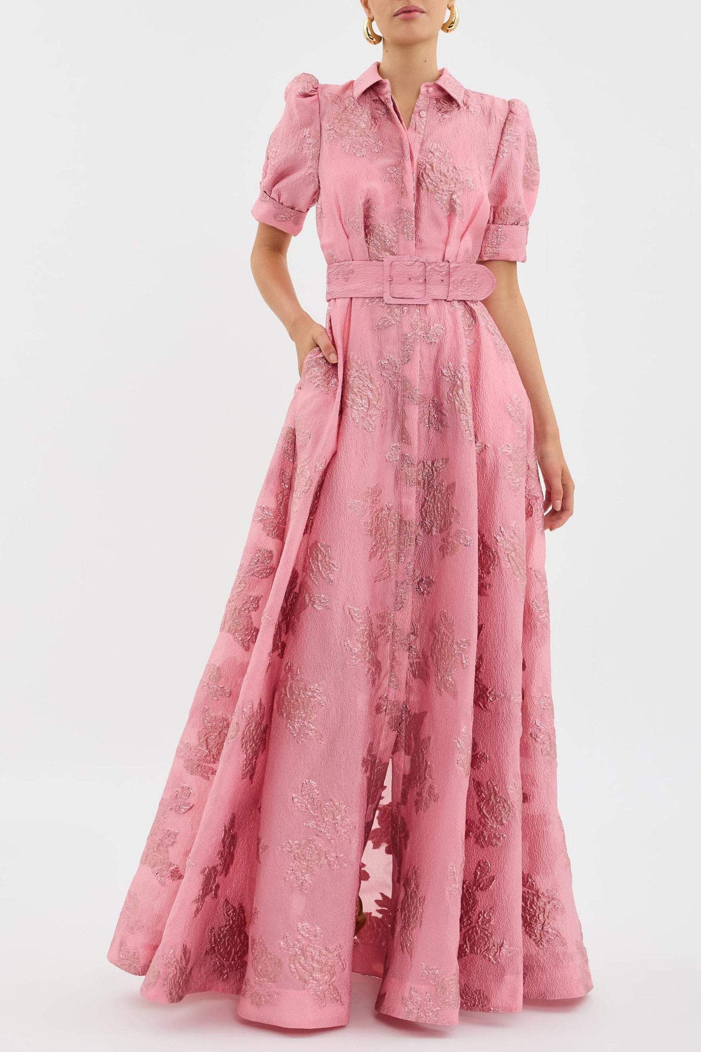 Women's Pink Brocade Maxi Dress – Shirt-Style Top, Belted Waist, Puffed Sleeves, Floral Pattern-83248-1115bc6e-7719-4d0c-94b9-ae0d11f48db3