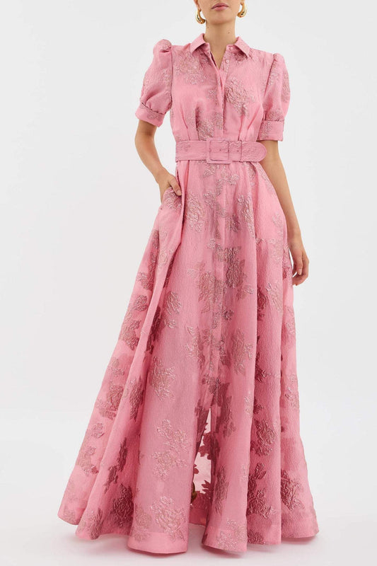 Women's Pink Brocade Maxi Dress – Shirt-Style Top, Belted Waist, Puffed Sleeves, Floral Pattern-83248-1115bc6e-7719-4d0c-94b9-ae0d11f48db3