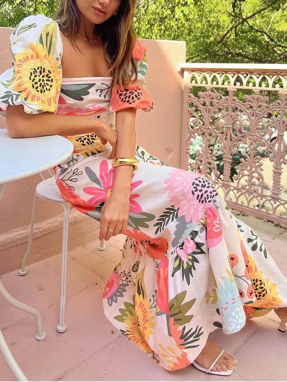 Women's Maxi Dress – White Multi Floral Print, Square Neck, Puffed Sleeve, Tiered Hem, Bohemian Style-81392-115a772e-2d19-472b-b42b-ccbf12416ad5