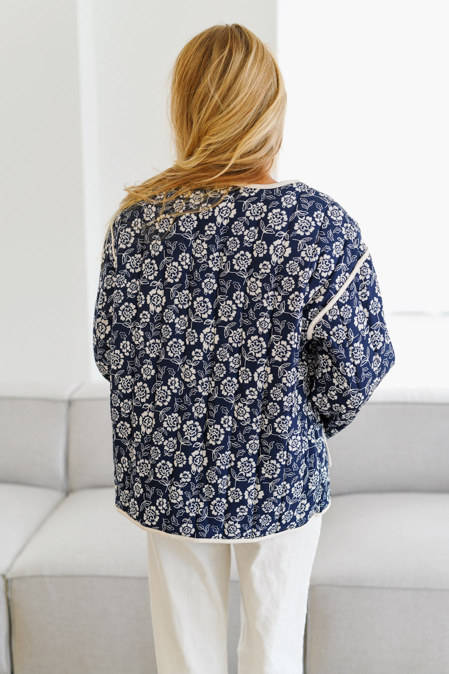 Women's Navy Floral V-Neck Jacket with Cream Piping, Long-Sleeved Classic Style-80650-11a81061-291f-4b15-bf3a-cb4aad1e24e1