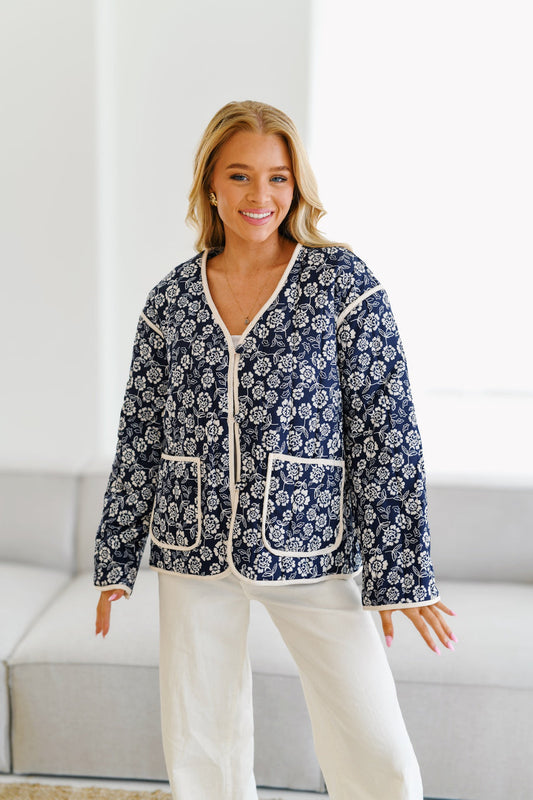 Women's Navy Floral V-Neck Jacket with Cream Piping, Long-Sleeved Classic Style-80650-13181a0e-a63b-4740-9561-7e8003dc5bb0
