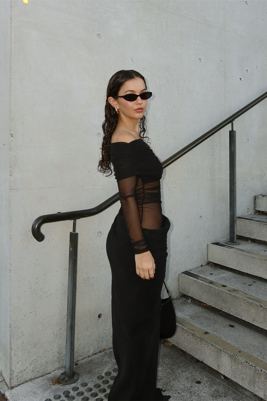 Women's Sheer Mesh Off-Shoulder Maxi Dress - Draped Skirt, Ruched Bodice, Black/Olive Green-81020-137a8ee3-9ace-4060-ae28-a4fb973d93ca