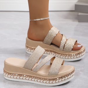 Women's Beige Platform Sandals – Glitter Strap, Woven Edge, Open Toe Design-81380-13a34bbb-a3d9-4f64-a7d8-6352260a3410