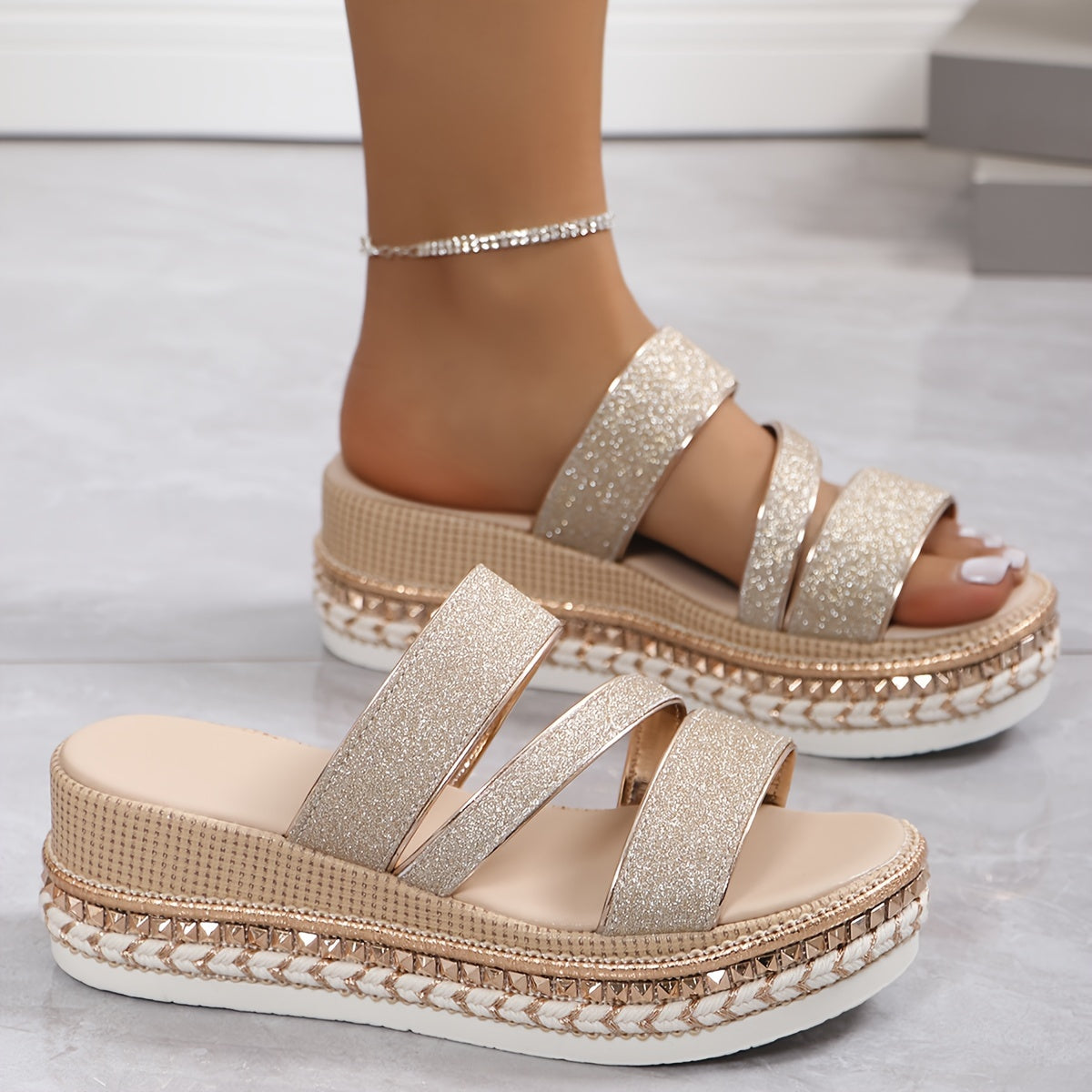 Women's Beige Platform Sandals – Glitter Strap, Woven Edge, Open Toe Design-81380-13a34bbb-a3d9-4f64-a7d8-6352260a3410