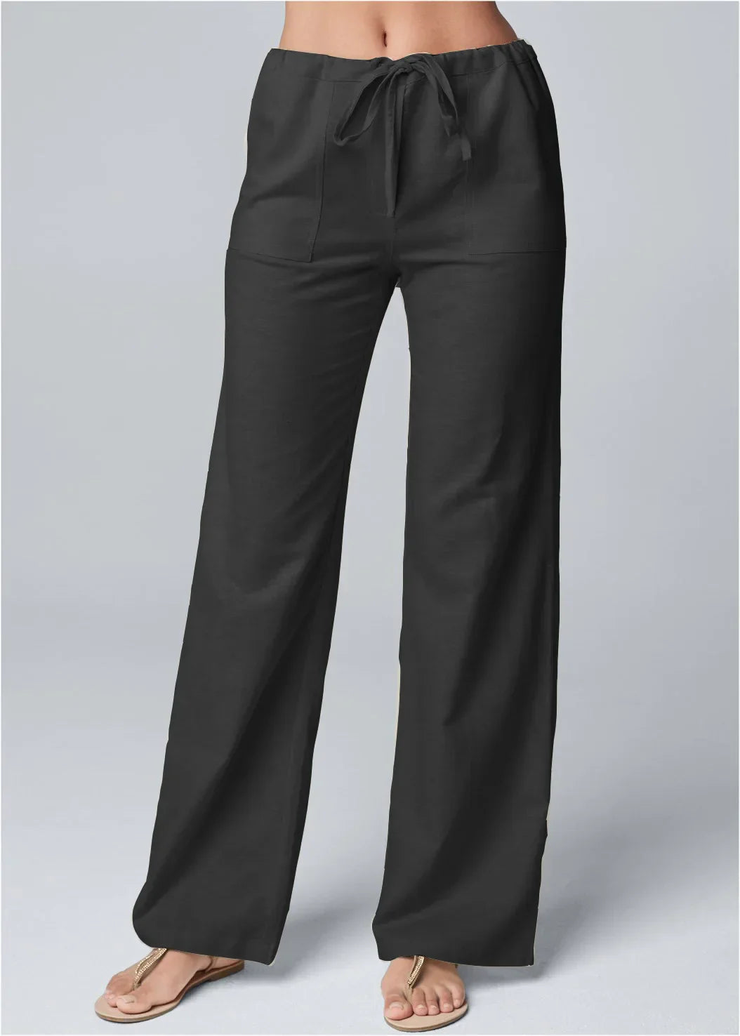 Women's Wide-Leg Linen Blend Pants - Drawstring Waist, Relaxed Fit, Beige Black White Gray-83219-153f1551-9258-4c7a-a037-afe00377eb99