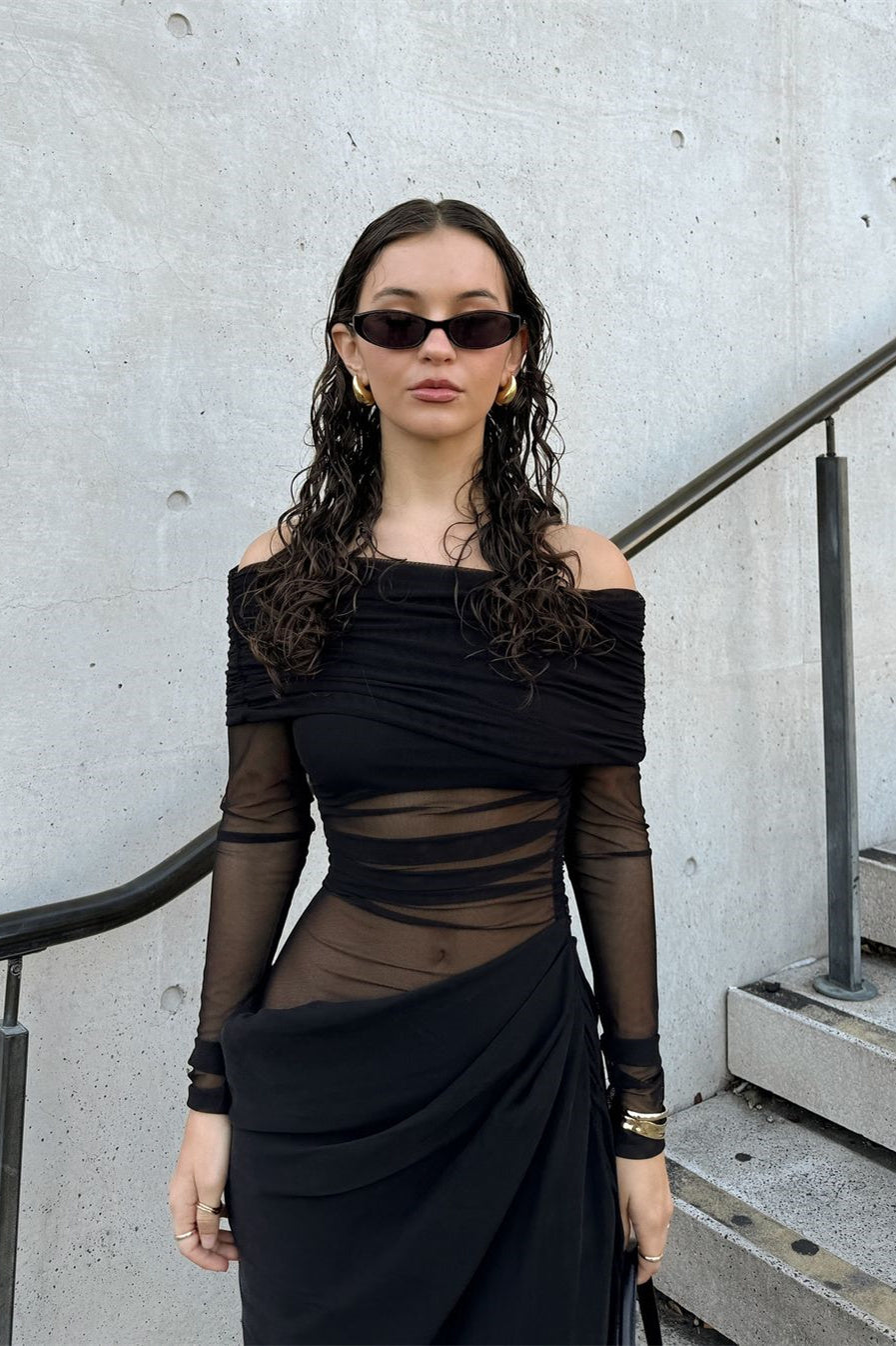 Women's Sheer Mesh Off-Shoulder Maxi Dress - Draped Skirt, Ruched Bodice, Black/Olive Green-81020-15f57518-3be6-460b-8b76-73f42824df93