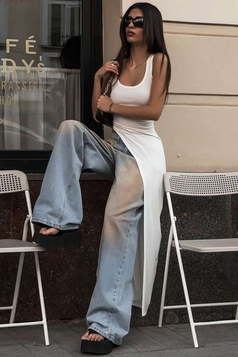 Women's Sleeveless Slit Top – Asymmetrical Hem, Fitted, Black, Red, White-81088-162be78d-738a-49f9-9011-210d4ffba898