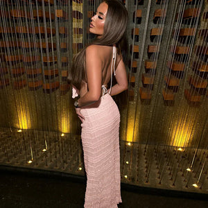 Women's Two-Piece Halter Top & Midi Skirt Set – Gathered Texture, Drawstring Waist-83709-16e32ed2-cac4-493f-8ecc-1a03b6a4d4c3