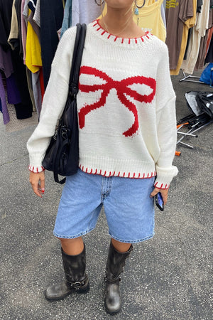 Women's Knit Top – Cream with Large Red Bow, Red Trim, Crew Neck-80702-1865897a-c7b4-4373-b5fe-d504bdcb039a