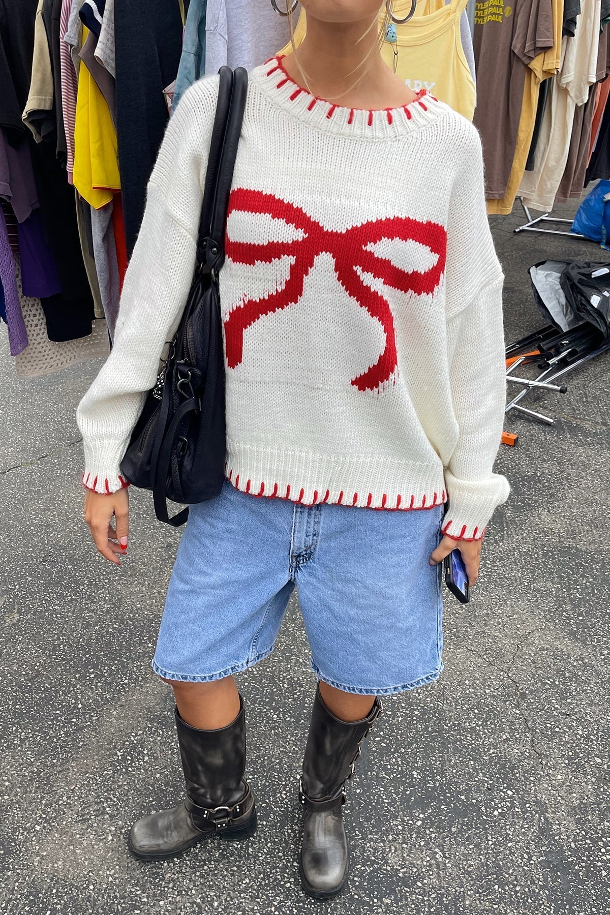 Women's Knit Top – Cream with Large Red Bow, Red Trim, Crew Neck-80702-1865897a-c7b4-4373-b5fe-d504bdcb039a