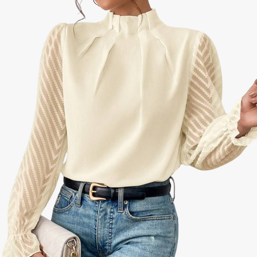 Women's Blouse – Cream Sheer Chevron Sleeve, High Neck, Pleated Polyester-67739-18ca14f8-8017-4a1e-8987-9691103013a6