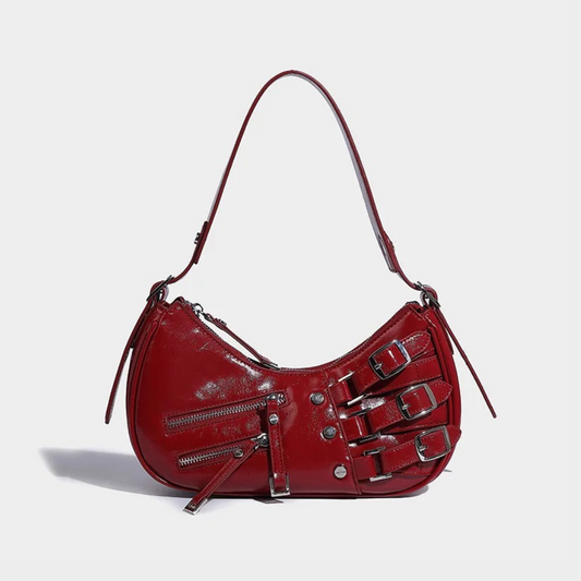 Women's Edgy Baguette Handbag – Multi-Zipper, Buckle, Silver Hardware-77179-18f363a5-9a41-46a0-b4ab-ceb4273ee42d