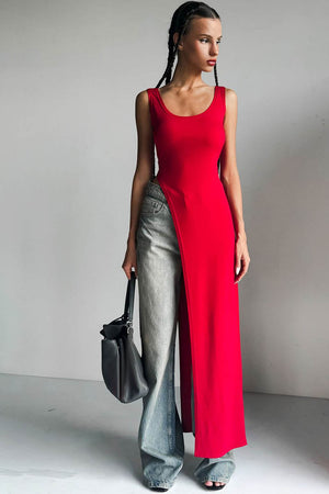 Women's Sleeveless Slit Top – Asymmetrical Hem, Fitted, Black, Red, White-81088-192372d2-d2e3-45f7-a370-5f31f949a434