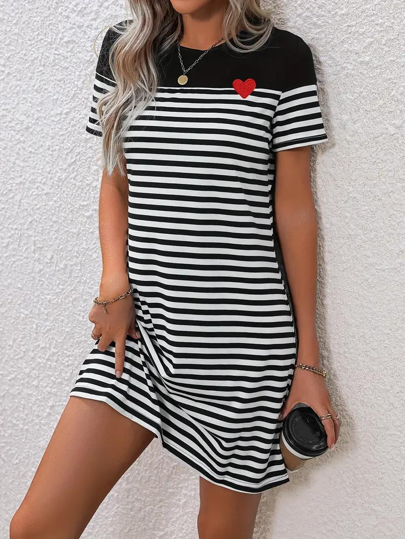 Women's Striped A-Line Short Sleeve Dress – Cotton Blend with Red Heart Appliqué, Casual-82664-1962f2c0-7022-42b3-a0b6-7d2cd1451a70
