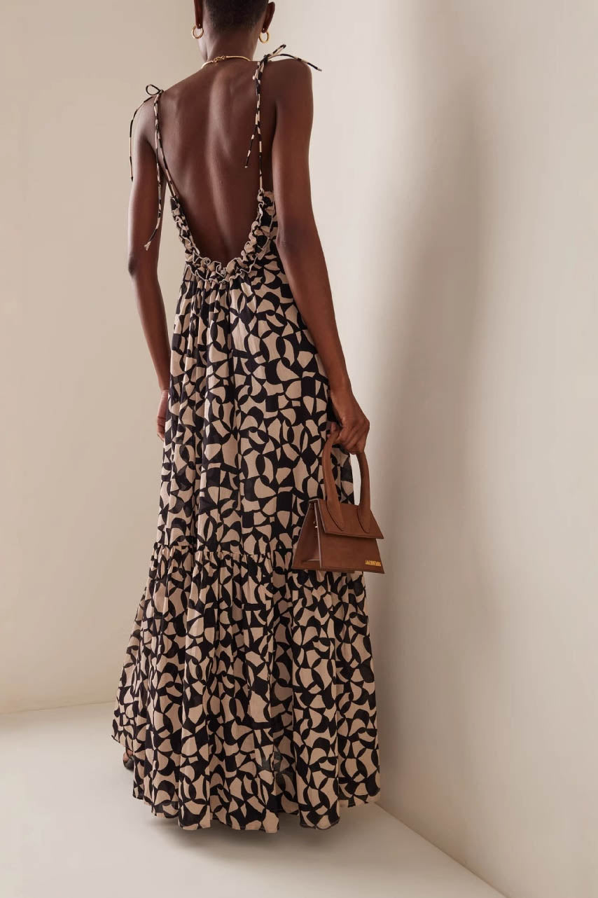 Women's Maxi Dress – Black Beige Geometric Halter Tiered Lightweight-81092-19717c1b-9d49-4877-a82a-ccba16ae8325