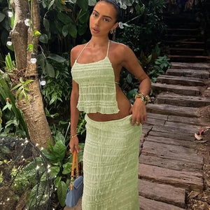 Women's Two-Piece Halter Top & Midi Skirt Set – Gathered Texture, Drawstring Waist-83709-1a8d634d-78d1-4e40-b513-8f417dbed9c3