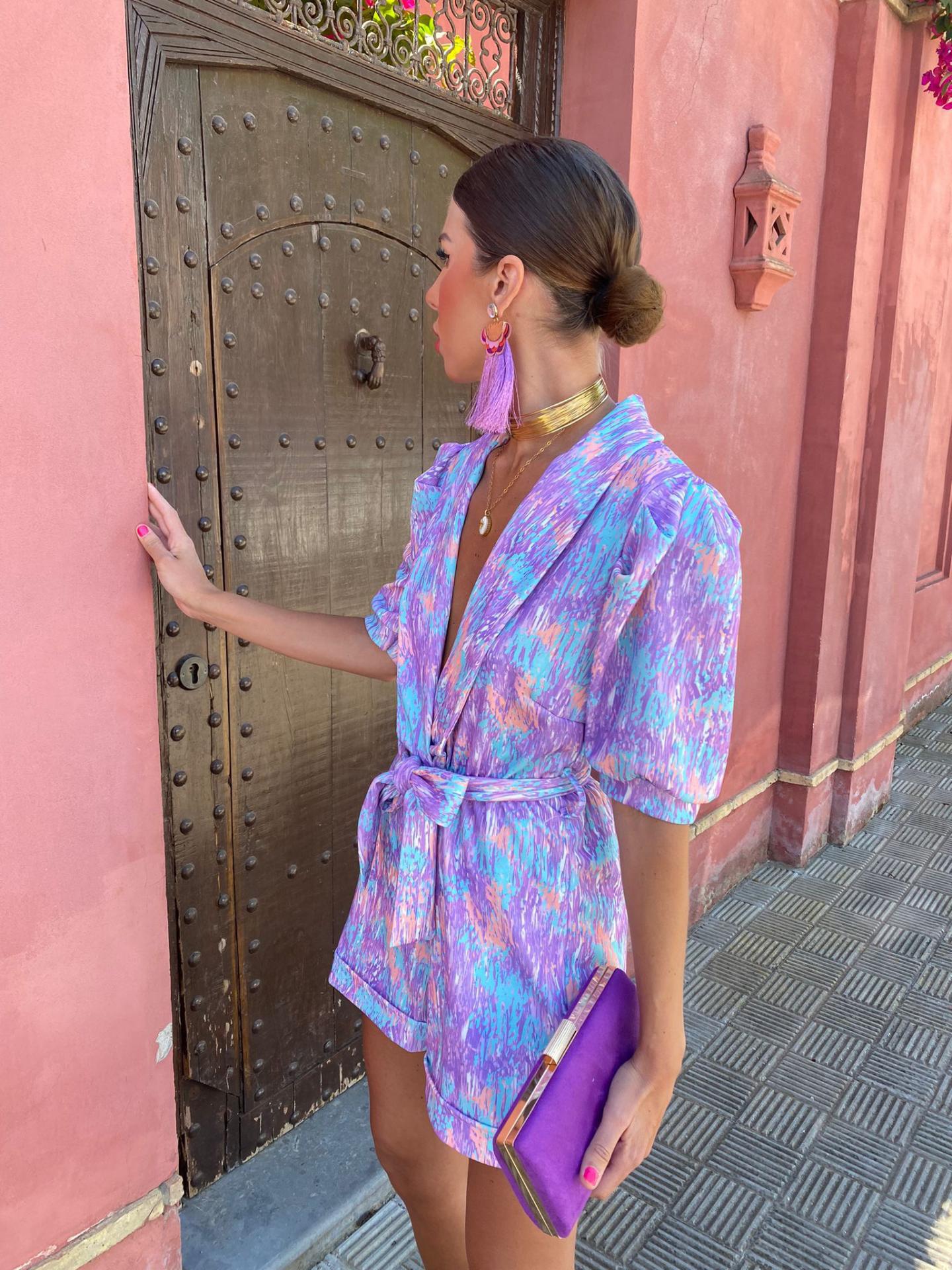 Women's Abstract Print Wrap Romper – Silk Blend, Deep V-Neck, Short Sleeve-78406-1b0125f6-d7a4-4319-86ed-213d251b81e7