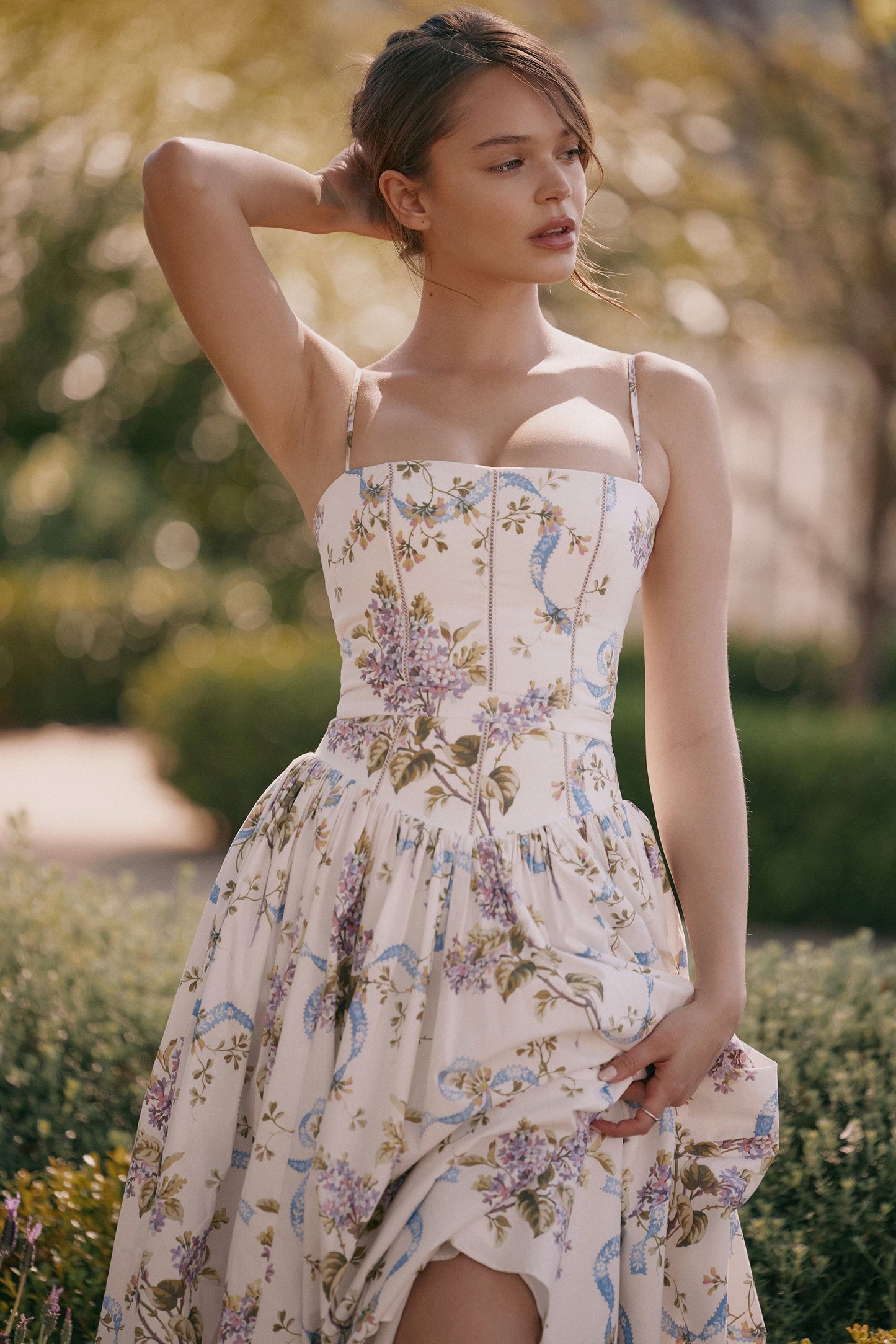 Women's Floral Maxi Dress – White Lightweight Fabric, Fitted Bodice, A-Line Skirt-83226-1b9374ae-d7f4-4ade-9be3-6c1dec91bd4c