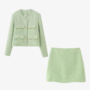 Women's Green Textured Suit Set – Cropped Jacket, Fitted Skirt, Gold Buttons, Cotton Blend-77213-1ba15d8e-7456-416d-92dc-cec9cdea7ce9