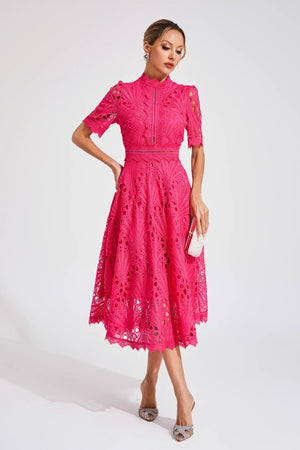 Women's Lace Midi Dress – High Neck, Short Sleeve, Cut-Out Detail-83326-1bc446d9-2944-4303-9182-02a4e2675f37