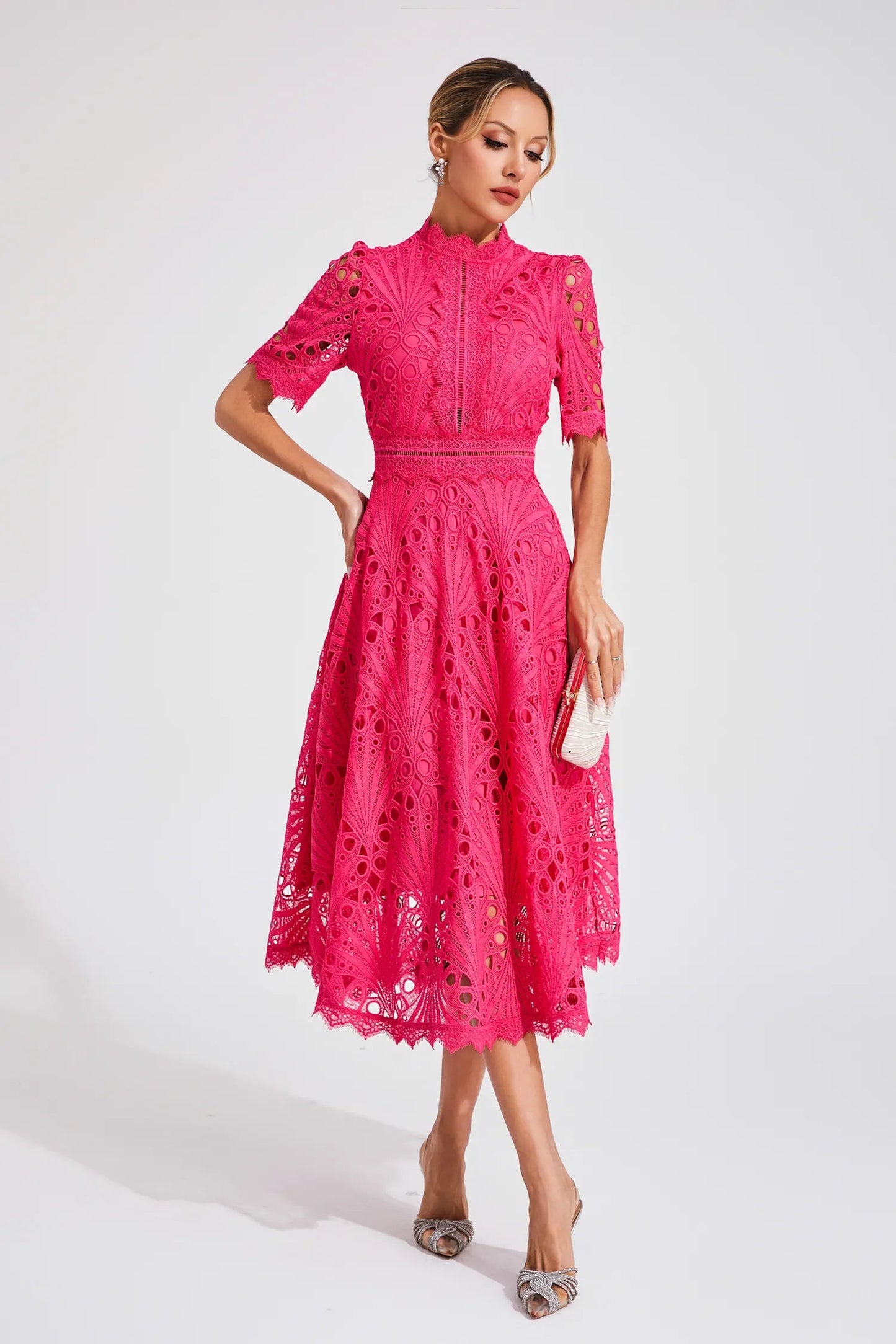 Women's Lace Midi Dress – High Neck, Short Sleeve, Cut-Out Detail-83326-1bc446d9-2944-4303-9182-02a4e2675f37