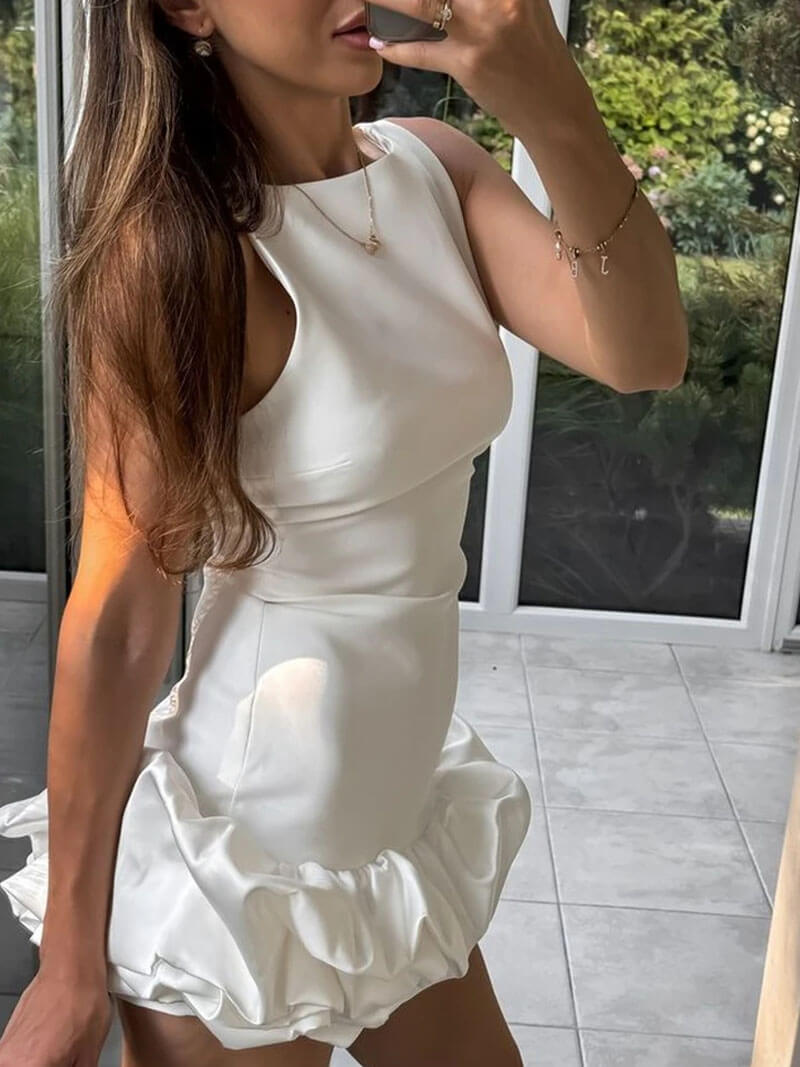 Women's White Mini Dress – Sleeveless, Ruffled Hem, Satin Polyester-77236-1be24ddc-2ae1-48d0-8b29-1efe184a5f43