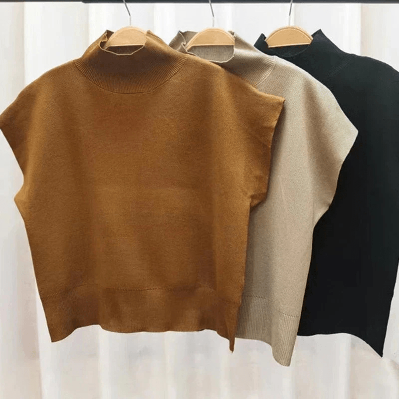 Women's Knit Top – Earthy Tone High Mock Neck Short Sleeve Relaxed Fit, Modern Minimalist-67692-1ce2ee2f-fad8-469f-8869-7b4e32668628