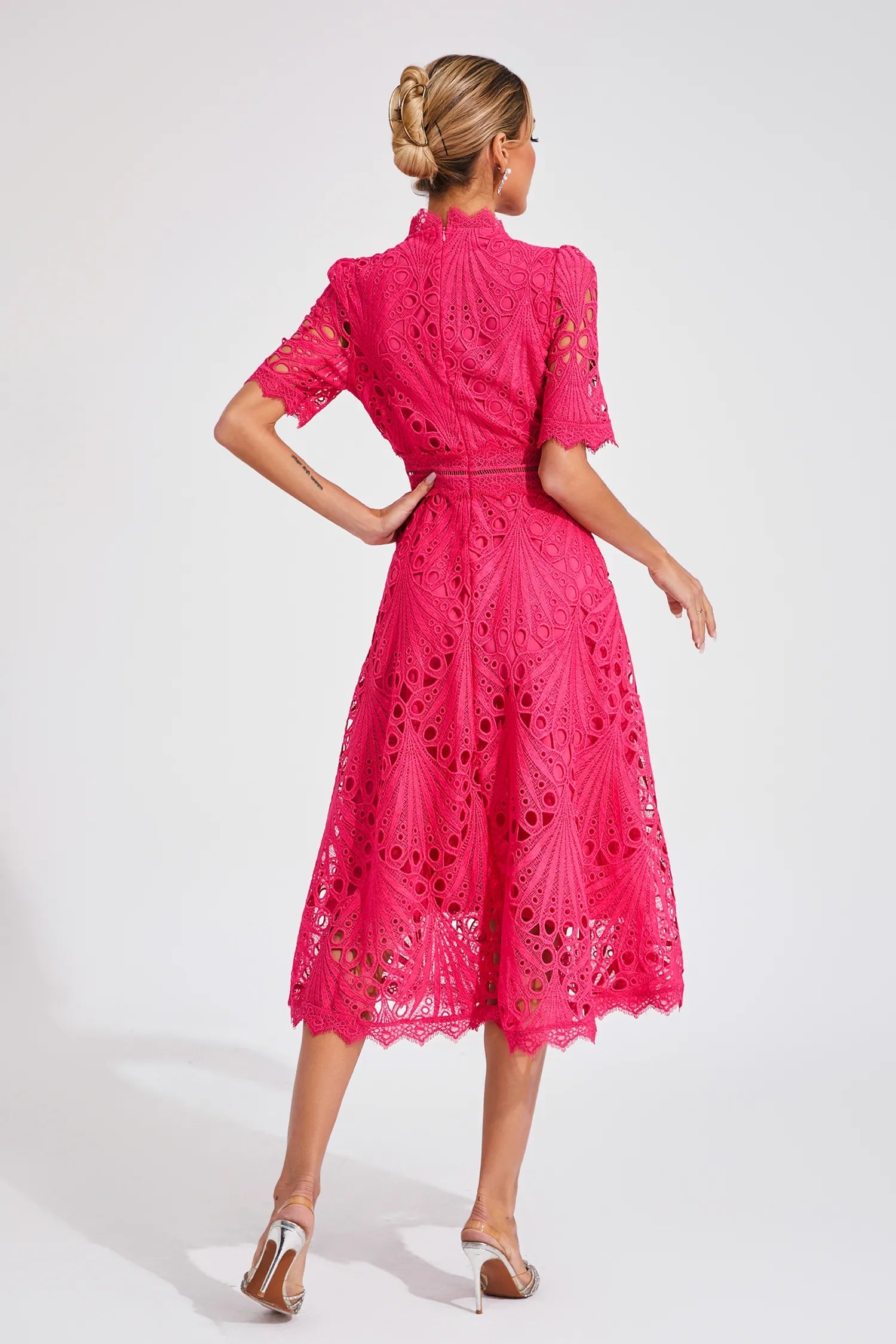 Women's Lace Midi Dress – High Neck, Short Sleeve, Cut-Out Detail-83326-1fa51d2b-ad6e-49a6-ac5d-5c36f4fd7562