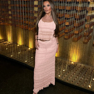 Women's Two-Piece Halter Top & Midi Skirt Set – Gathered Texture, Drawstring Waist-83709-2098fa95-8861-40fd-aa4c-6f9b466dfed1