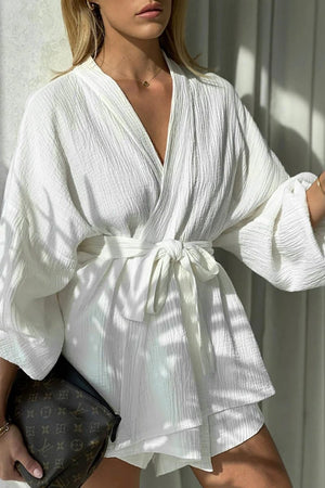 Women's White Textured Wrap Top & High-Waisted Shorts Set with Wide Sleeves, Cotton Blend, Bohemian Style-79799-20a23a7b-0dfa-4cf6-b624-8007079e9450