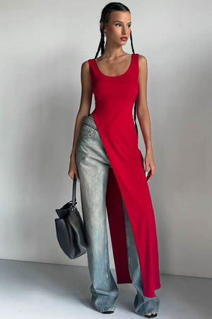 Women's Sleeveless Slit Top – Asymmetrical Hem, Fitted, Black, Red, White-81088-20b72275-20bd-47fc-aefb-24aa29fb7ec7