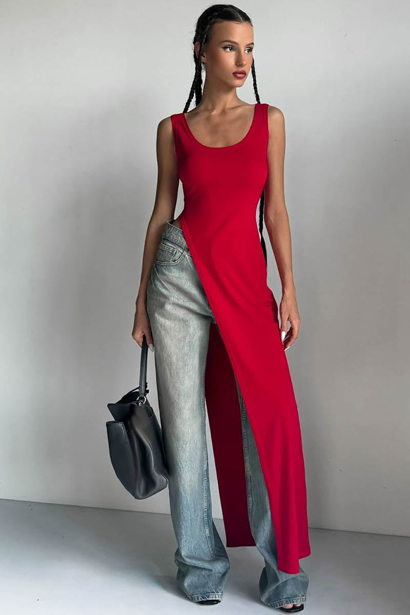 Women's Sleeveless Slit Top – Asymmetrical Hem, Fitted, Black, Red, White-81088-20b72275-20bd-47fc-aefb-24aa29fb7ec7