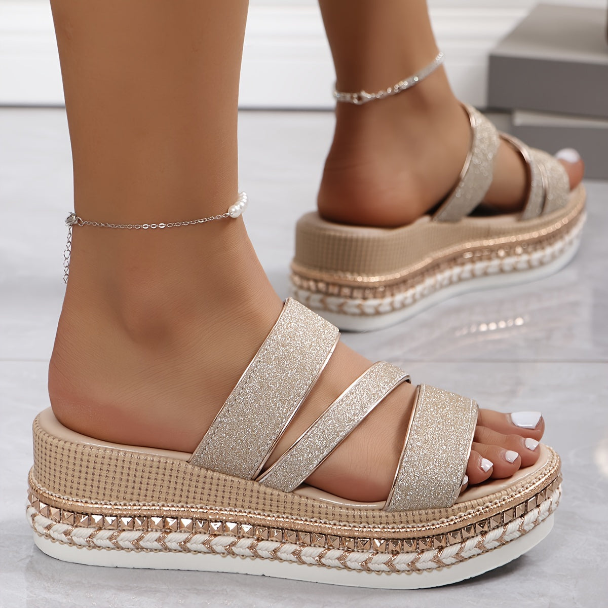 Women's Beige Platform Sandals – Glitter Strap, Woven Edge, Open Toe Design-81380-21e0b266-b4db-4d60-8362-2bf1107108d5