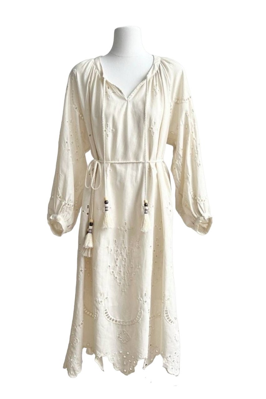 Women's White Eyelet Midi Dress – Voluminous Sleeves, Drawstring Waist, Cotton Blend, Bohemian-81044-23196255-4280-4afe-b97a-0bf48341d770