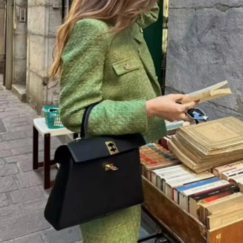 Women's Green Textured Suit Set – Cropped Jacket, Fitted Skirt, Gold Buttons, Cotton Blend-77213-23b09ddc-4d8d-48e8-a52b-1fc43c40bcd0