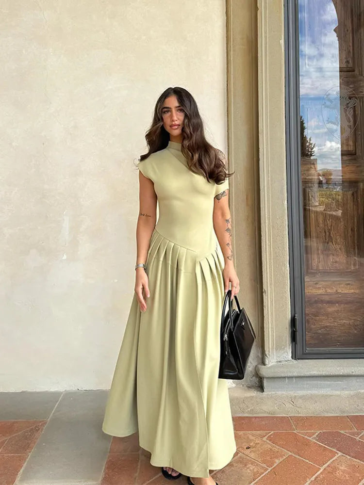 Women's Pleated Dress – Fitted Bodice, Midi/Floor Length, High Neckline or One-Shoulder, Green/Black, Sydney Wardrobe-77276-26654470-2b45-497e-a5c4-7d6d51ddebf4