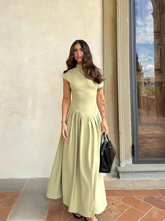 Women's Pleated Dress – Fitted Bodice, Midi/Floor Length, High Neckline or One-Shoulder, Green/Black, Sydney Wardrobe-77276-26654470-2b45-497e-a5c4-7d6d51ddebf4