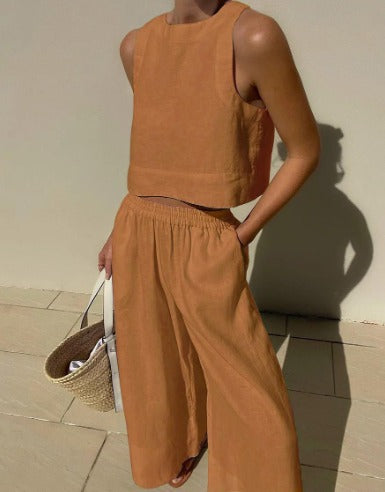 Women's Linen Two-Piece Set – Sleeveless Cropped Top, Wide-Leg Pants, Multiple Colors-81273-26673995-c3c8-41ae-955d-e910105f0a7a